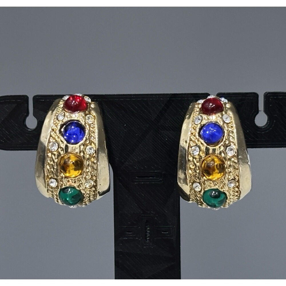 Vintage Gold Tone Half Hoop Earrings Jewel Tone Rhinestone Mogul Pierced 80s 90s